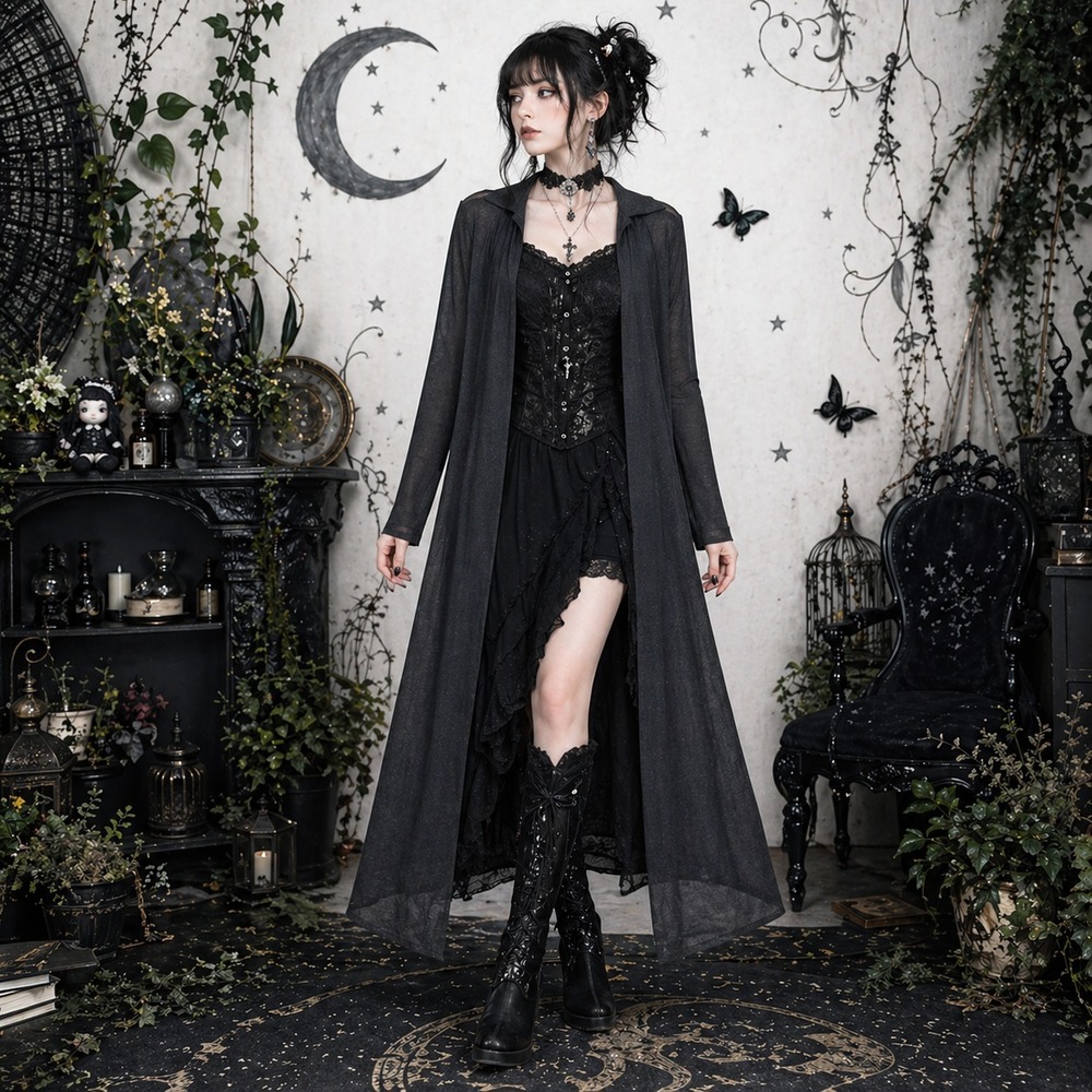 VTG Y2K Whimsigoth Sheer Cardigan Duster L Black Festival Witchy Basic Capsule